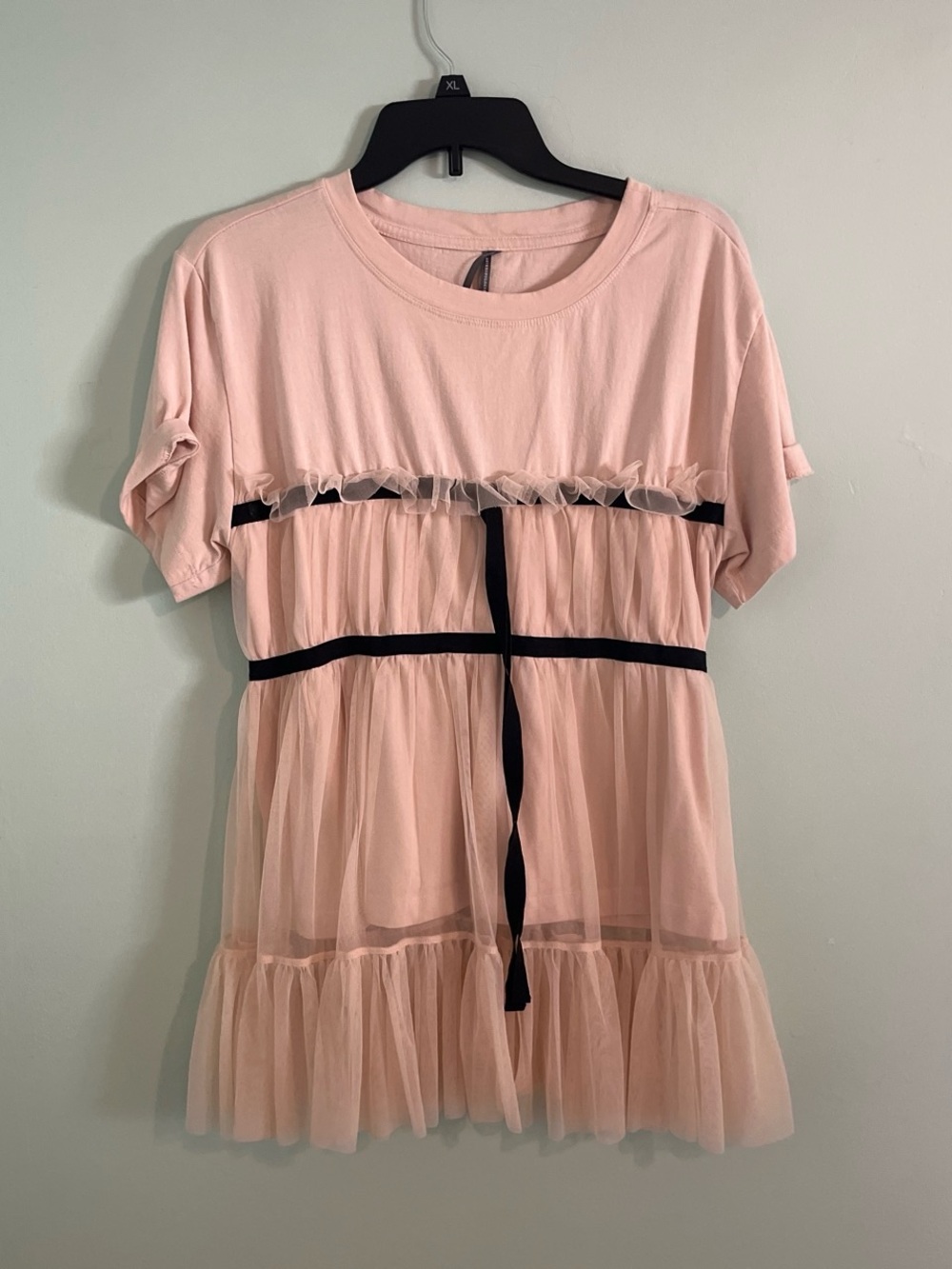 Anthropologie Pink Tulle-Trim Dress with Black Ribbon